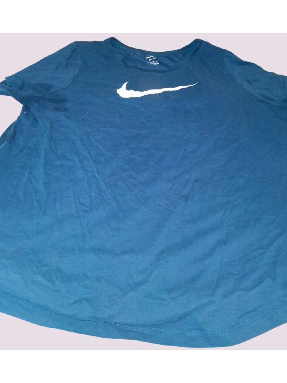 Nike Womens Dri-Fit Navy Blue T-Shirt 1X White Swoosh Logo Casual Longer Length
